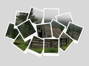 Old house in forest, collage of photos for your design clipart