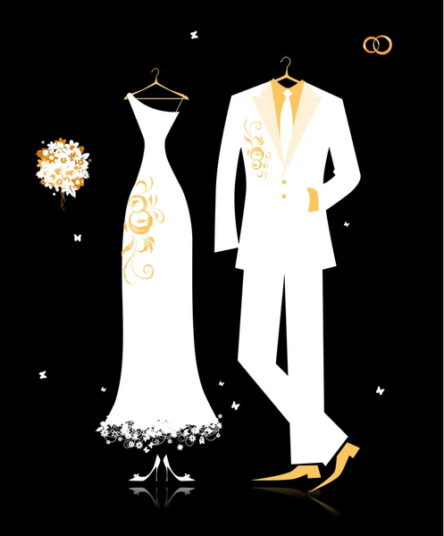 Casamento terno do noivo e vestido de noiva branco no preto para o seu design — Vetor de Stock