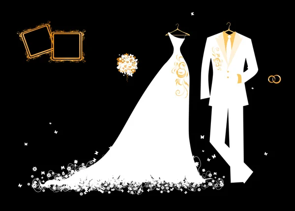 Traje de novio de boda y vestido de novia blanco sobre negro para su diseño — Vector de stock