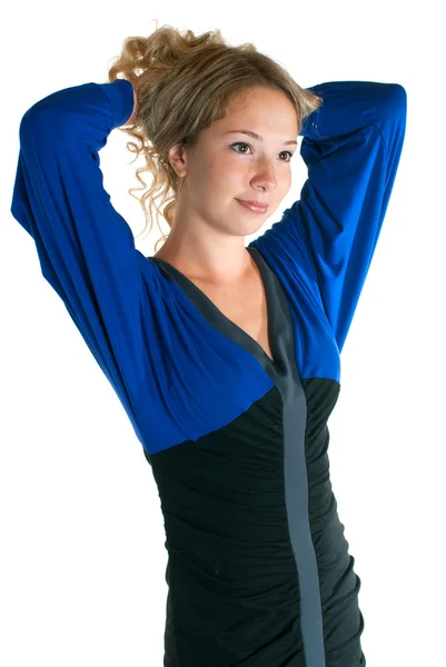 Menina bonita em vestido de cores azuis e pretas — Fotografia de Stock