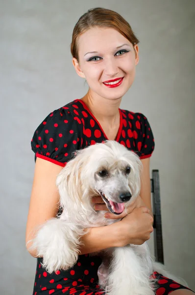 Dívka a čínský chocholatý pes — Stock fotografie