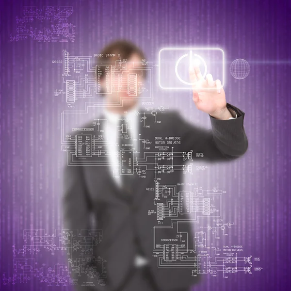 Young man touches a virtual surface — Stock Photo, Image