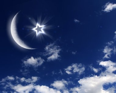 Muslim star and moon on blue sky clipart