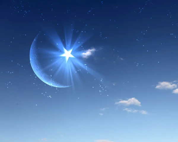 Estrella musulmana y luna en el cielo azul — Foto de Stock