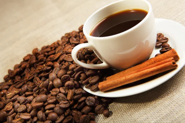 Šálek kávy s trubicemi skořice — Stock fotografie