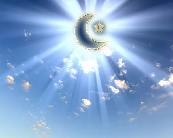 Estrella musulmana y luna en el cielo azul —  Fotos de Stock