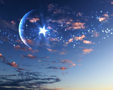 Muslim star and moon on blue sky clipart