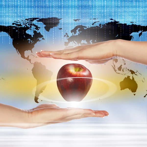 Handen met apple vertegenwoordigen aarde — Stockfoto