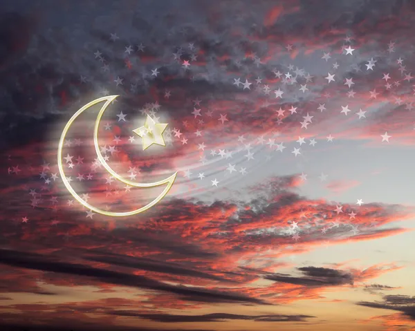 Muslimska star och månen på blå himmel — Stockfoto