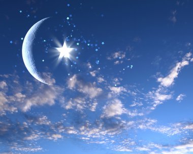 Muslim star and moon on blue sky clipart