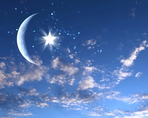 穆斯林星和月亮在蓝蓝的天空上 — 图库照片