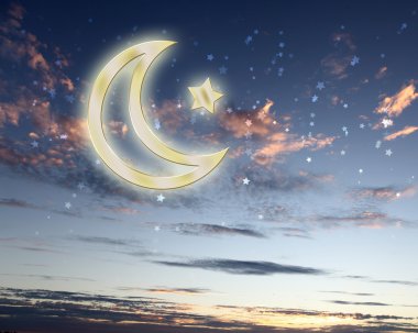 Muslim star and moon on blue sky clipart