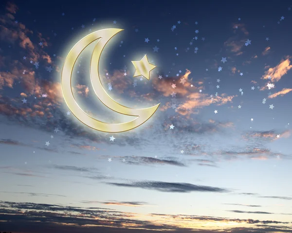 Estrela muçulmana e lua no céu azul — Fotografia de Stock