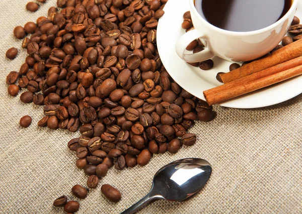 Šálek kávy s trubicemi skořice — Stock fotografie
