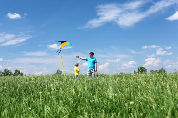 Otec se synem v létě s kite — Stock fotografie