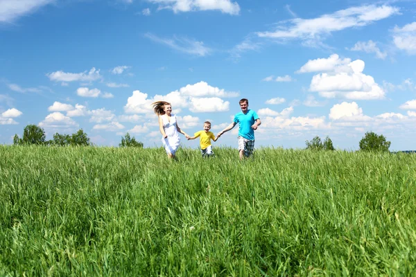 Perhe pojan kanssa niityllä — kuvapankkivalokuva