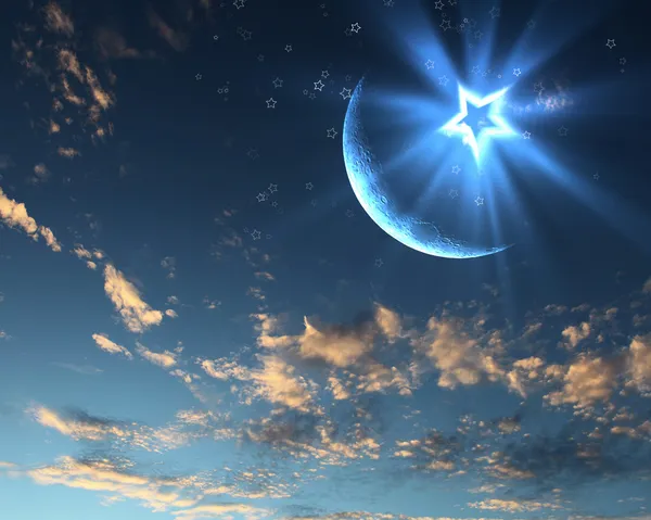 Muzulmán csillagok és a Hold, a kék ég — Stock Fotó