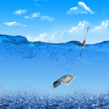 Fish hook underwater with banknotes clipart