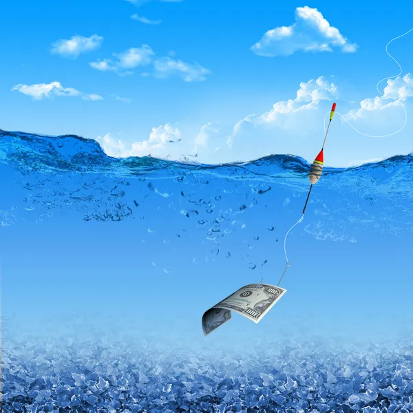 Рыбный крючок под водой с банкнотами — стоковое фото