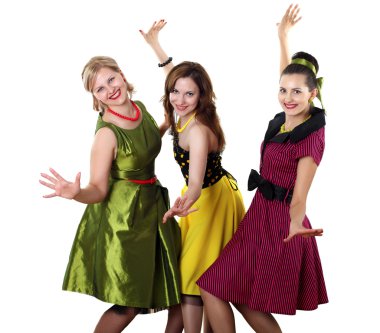 Three young woman in bright colour dresses clipart