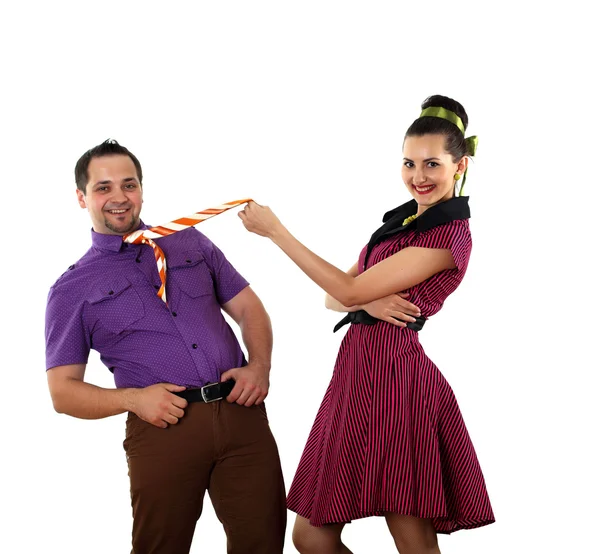 Young dancing couple in bright colour wear — Stock Photo, Image