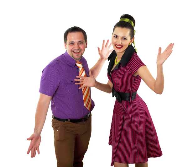 stock image Young dancing couple in bright colour wear