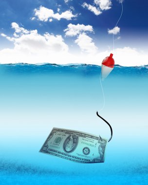 Fish hook underwater with banknotes clipart