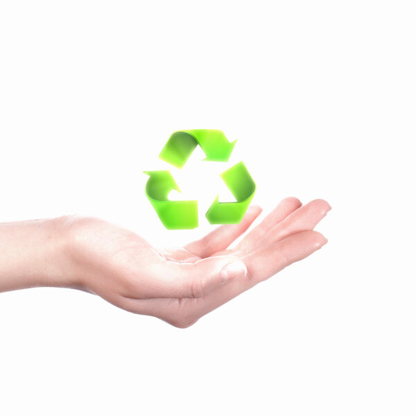 Human hand with green eco and recycle symbol