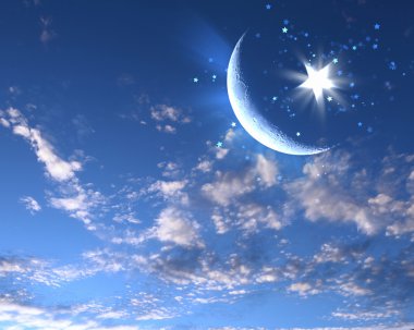 Muslim star and moon on blue sky clipart