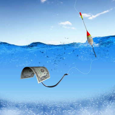 Fish hook underwater with banknotes clipart