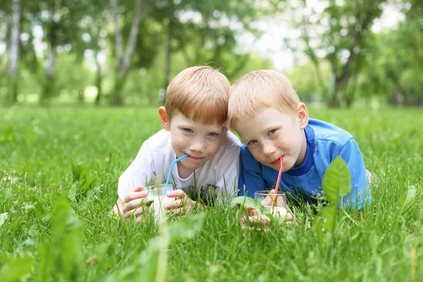 Портрет двух мальчиков летом на открытом воздухе — стоковое фото
