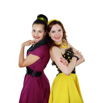 Two young woman in bright colour dresses clipart