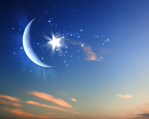 イスラム教徒の星と青い空に月 — ストック写真