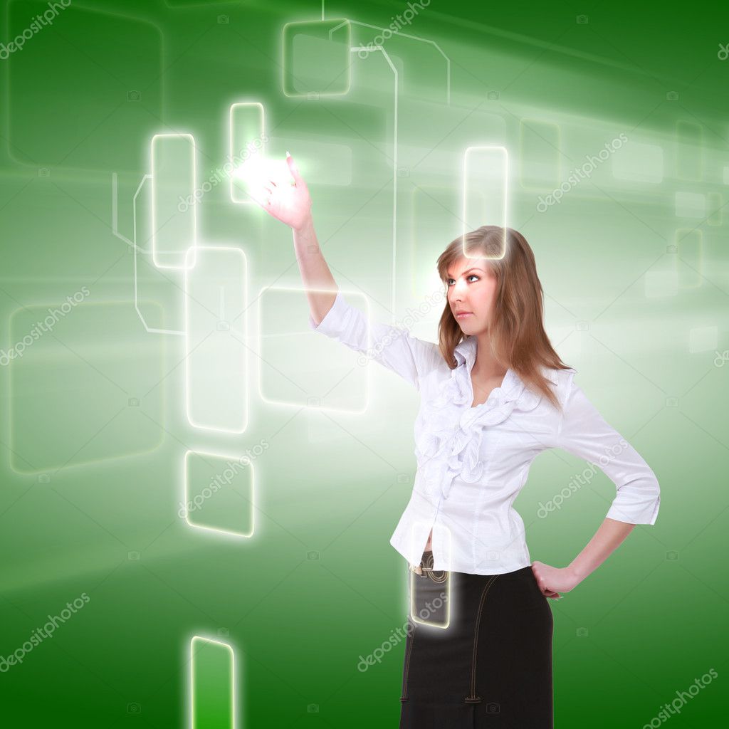 Young girl touching a virtual surface