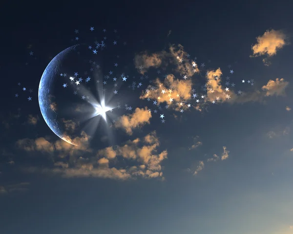 Estrella musulmana y luna en el cielo azul —  Fotos de Stock