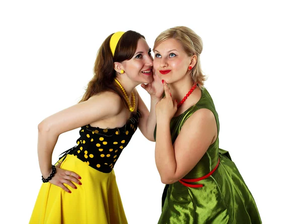 Two young woman in bright colour dresses — Stock Photo, Image