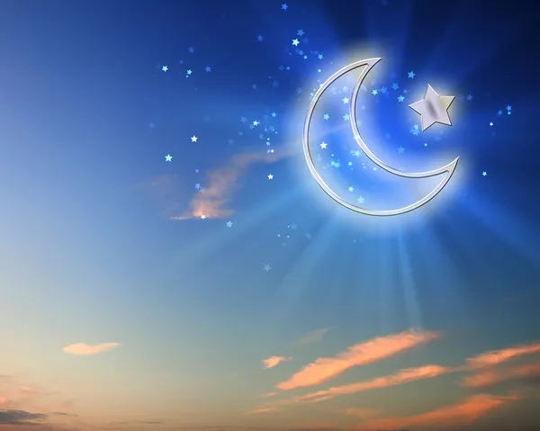 Estrela muçulmana e lua no céu azul — Fotografia de Stock