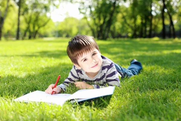 Портрет мальчика с книгой в парке — стоковое фото