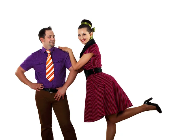 stock image Young dancing couple in bright colour wear