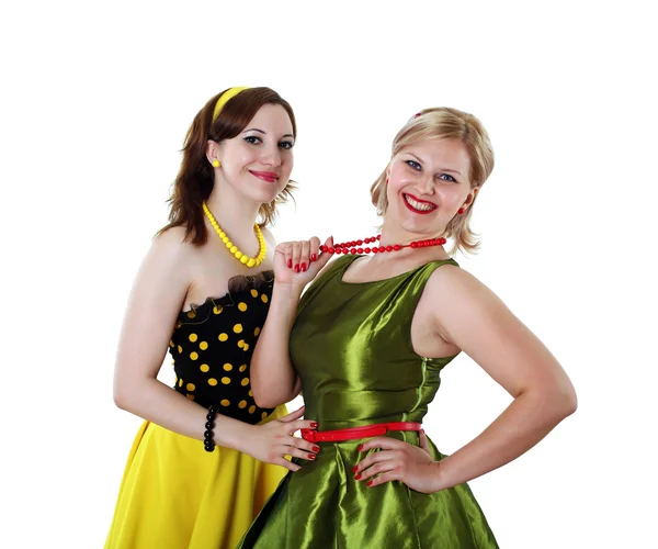 밝은 색상의 드레스에 두 젊은 여자 — 스톡 사진