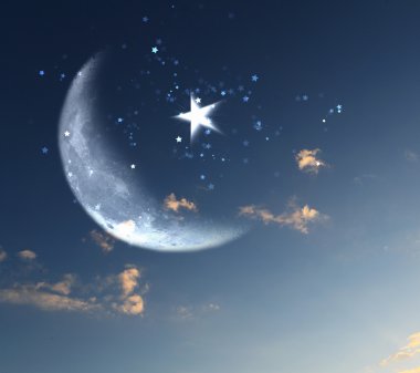 Muslim star and moon on blue sky clipart