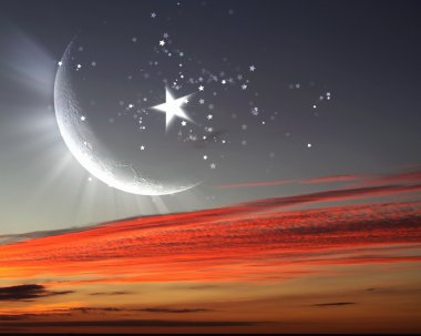 Muslim star and moon on blue sky clipart