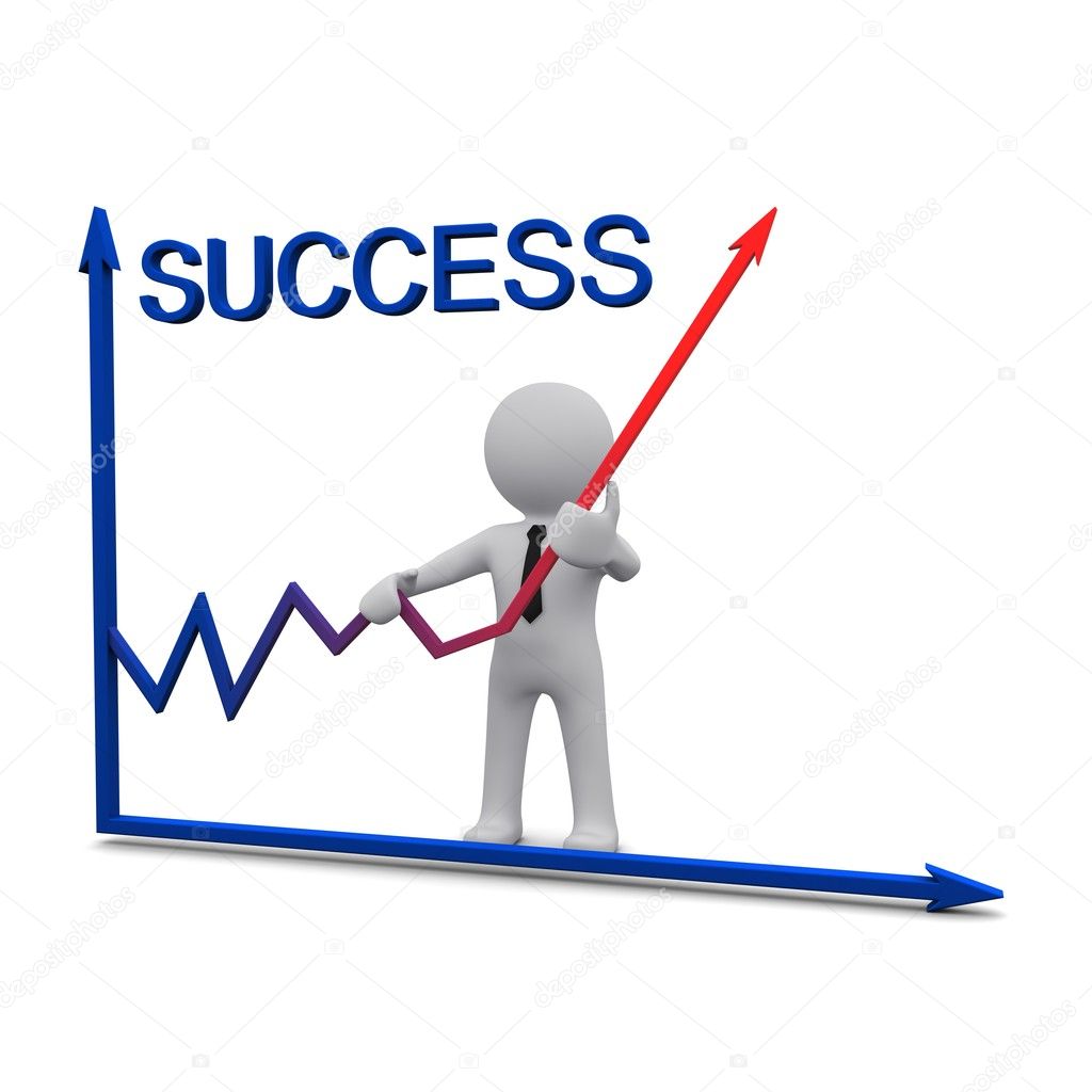 3D man and success graph with red arrow