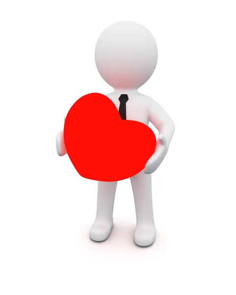 3d homem com um coração vermelho — Fotografia de Stock