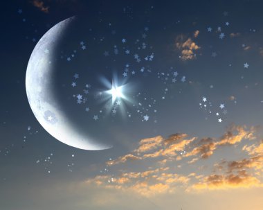 Muslim star and moon on blue sky clipart