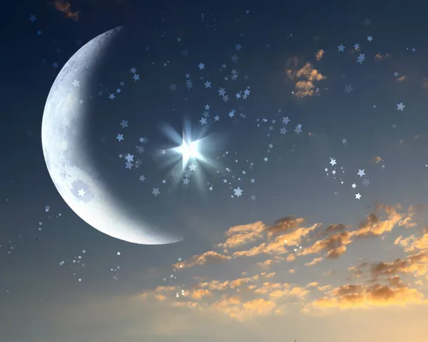Muslimské hvězda a měsíc na modré obloze — Stock fotografie