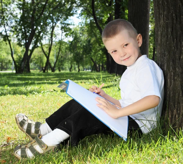 Ritratto di un ragazzo con un libro nel parco — Foto Stock