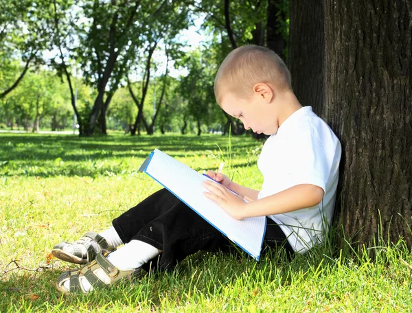 一个男孩拿着一本书在公园里的肖像 — 图库照片