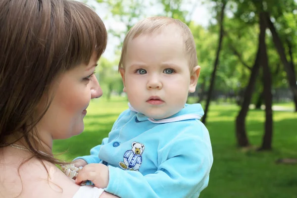 stock image Mother with her baby boy outside