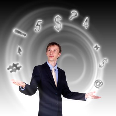 Business man juggling with numbers and symbols clipart